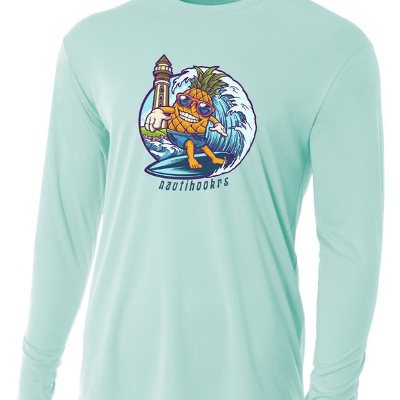 NautiHookRs Surfing Pineapple Guy UPF Sun Protectant Long Sleeve Fishing Shi - Picture 2 of 3
